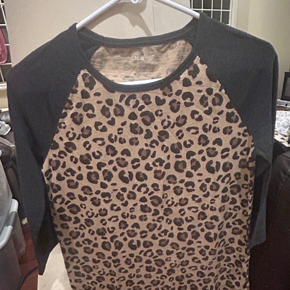 Cherokee Kids Leopard Animal Print Jersey 3/4 Sleeve T-Shirt Size XL 14/16